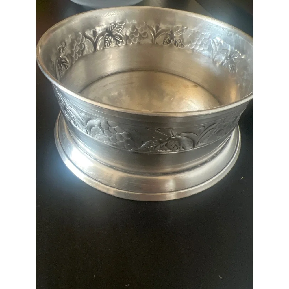 Pottery Barn Wine Bottle Coaster Pewter Grapevine Embossed Metal Decorative Bowl